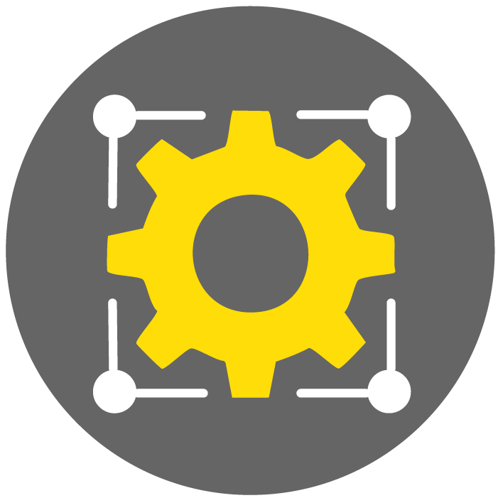 Rundes Icon mit einem gelben Zahnrad in der Mitte, umgeben von weißen Punkten und Linien, die eine technische Steuerung oder Automatisierung symbolisieren.