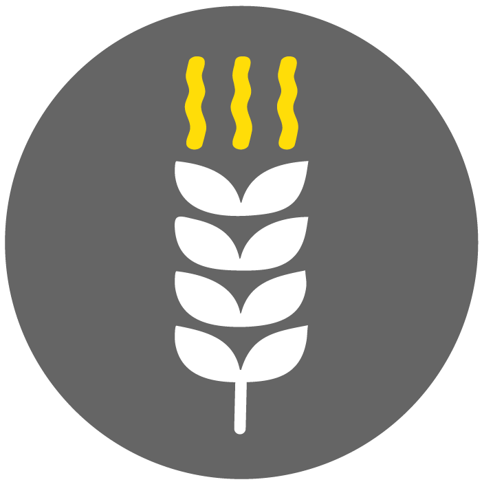 Symbolgrafik zur Getreidetrocknung: weißes Ähren-Symbol mit drei aufsteigenden gelben Wärmewellen auf schwarzem Hintergrund.