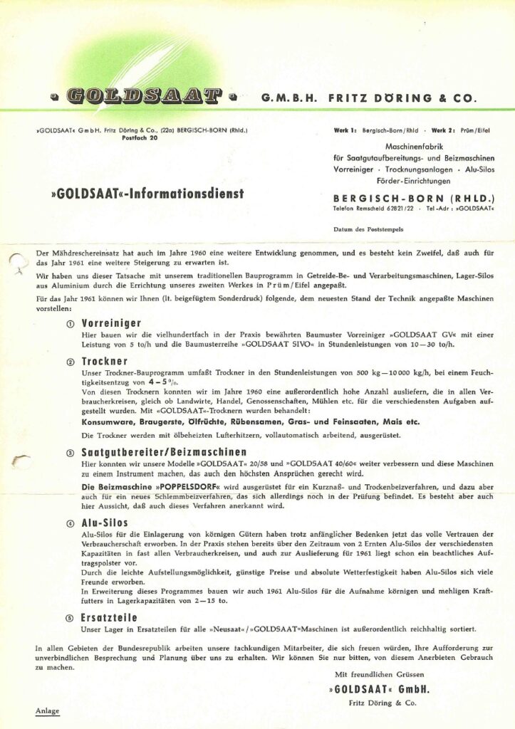 Historisches Informationsschreiben der Goldsaat GmbH aus dem Jahr 1960 über neue Entwicklungen bei Vorreinigern, Trocknern, Saatgutbereitern, Alu-Silos und Ersatzteilen.
