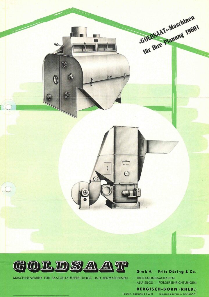 Historisches Goldsaat-Werbeplakat von 1960 mit technischen Zeichnungen von Saatgutaufbereitungs- und Trocknungsmaschinen auf grünem Hintergrund.