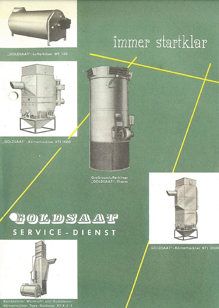 Historisches Werbeplakat „Goldsaat Service-Dienst“ mit verschiedenen Körnertrockner- und Lufterhitzermodellen und dem Slogan „immer startklar“.