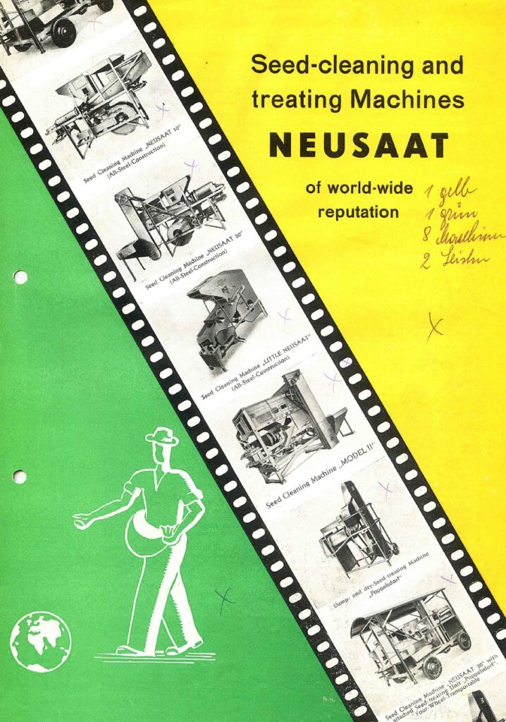 Historisches Titelblatt einer Neusaat-Broschüre mit Maschinen zur Saatgutreinigung und weltweitem Anspruch.