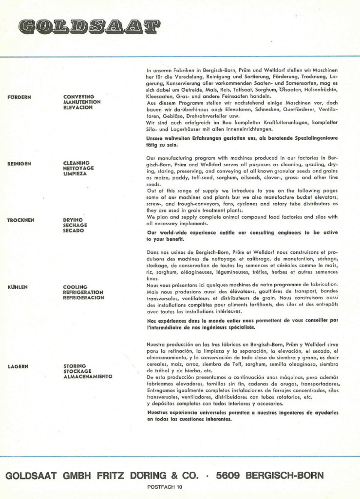 Historisches Informationsblatt der Firma Goldsaat mit Beschreibung der Leistungen in den Bereichen Fördern, Reinigen, Trocknen, Kühlen und Lagern. Der Text ist auf Deutsch, Englisch, Französisch und Spanisch verfasst und stellt die internationale Ausrichtung und Expertise des Unternehmens heraus.