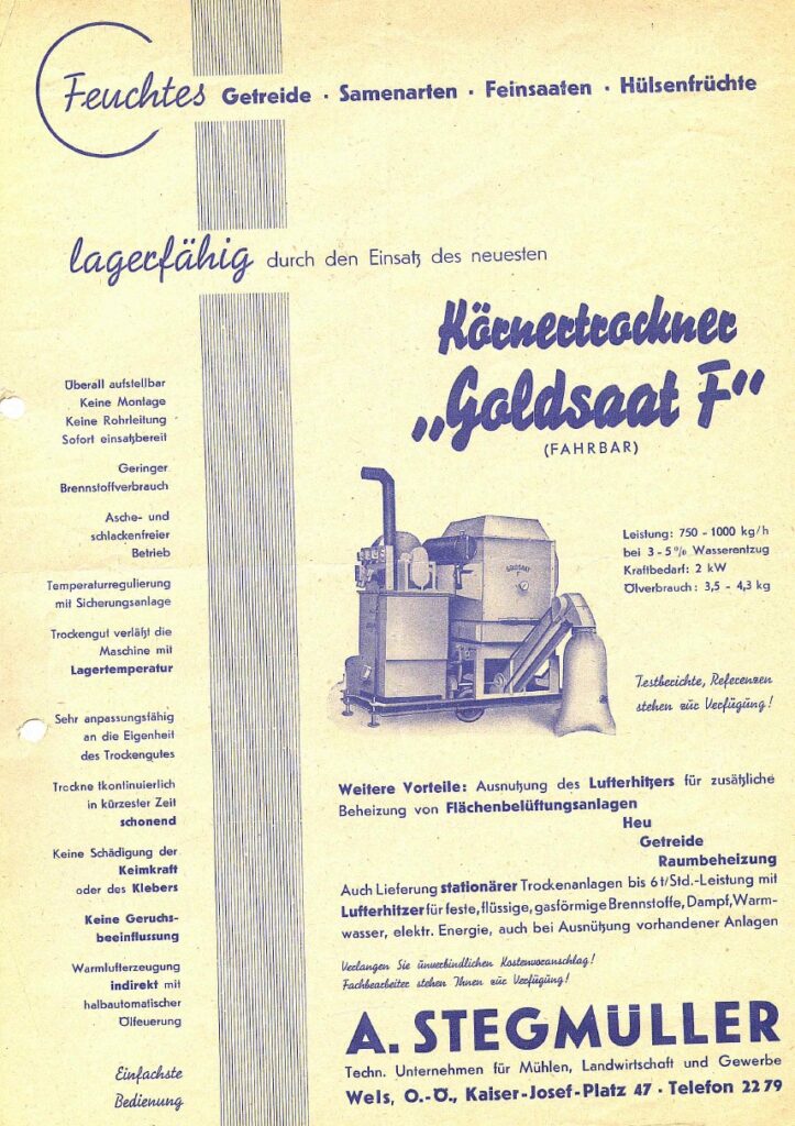 Historisches Werbeplakat für den fahrbaren Körnertrockner „Goldsaat F“ mit technischen Daten, Vorteilen und Illustration der Maschine.