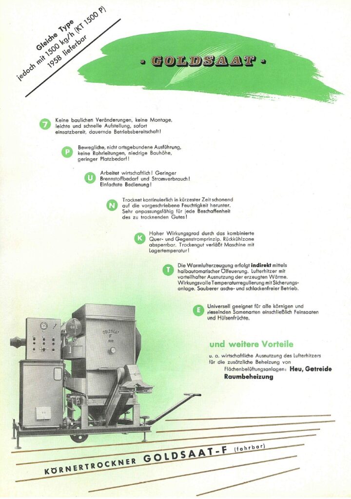 Historisches Werbeblatt mit technischen Vorteilen und Abbildung eines fahrbaren Körnertrockners von Goldsaat.