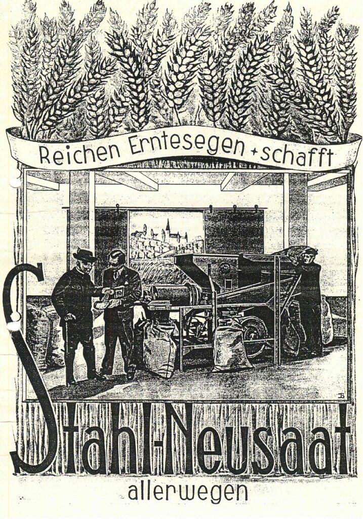 Historisches Plakat mit Weizenähren, Landwirten und einer Saatgutmaschine von Stahl-Neusaat.